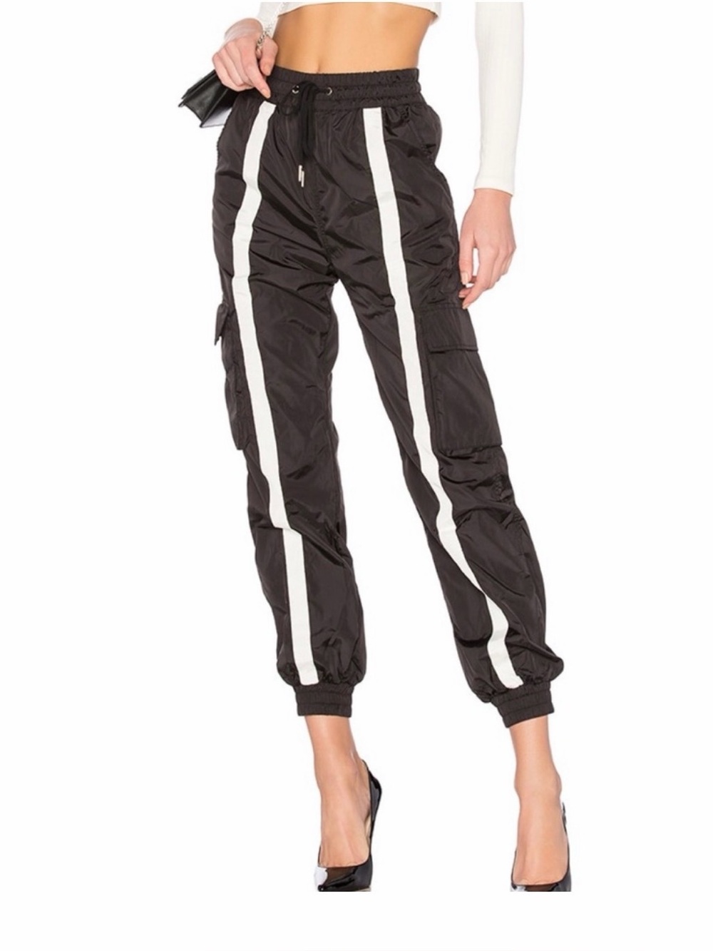 Danielle Guzio Black Cargo Track Pants with White Side Stripes M